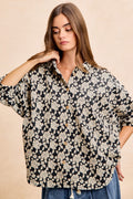 BiBi Oversized Floral Shirt Jacquard Casual Buton-up Short Sleeve Top S-XL