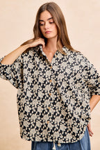 BiBi Oversized Floral Hemd Jacquard Lässiges Button-Up Kurzarm-Top S-XL