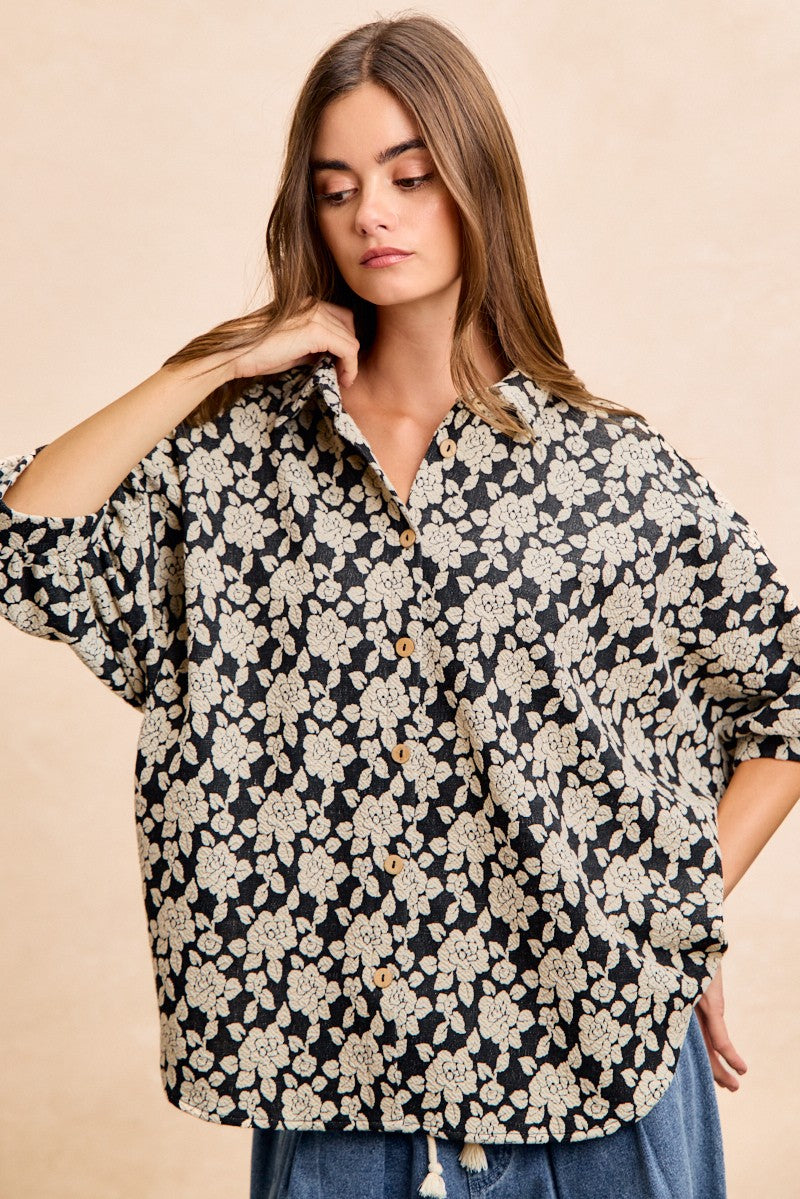 BiBi Oversized Floral Shirt Jacquard Casual Buton-up Short Sleeve Top S-XL