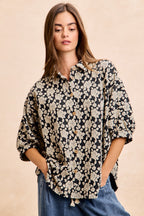 BiBi Oversized Floral Hemd Jacquard Lässiges Button-Up Kurzarm-Top S-XL