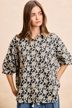 BiBi Oversized Floral Hemd Jacquard Lässiges Button-Up Kurzarm-Top S-XL