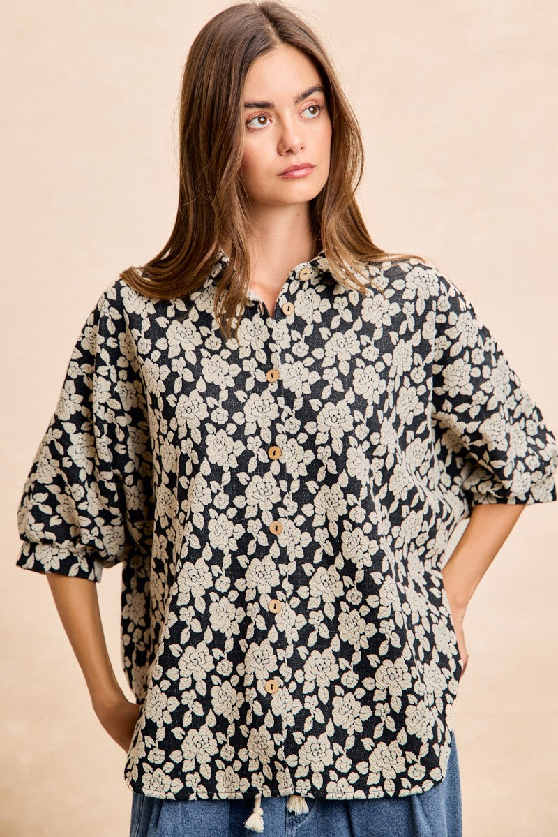 BiBi Oversized Floral Shirt Jacquard Casual Buton-up Short Sleeve Top S-XL