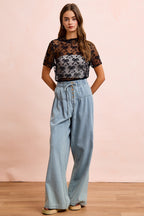BiBi Black Mesh Top Bow Pattern Mock Neck Short Sleeve Sheer Lace Blouse