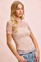 BiBi Mesh Top Ruffle High Neck Rose Bow Pattern Short Sleeves Casual Blouse