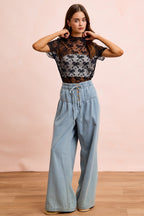 BiBi Black Mesh Top Bow Pattern Mock Neck Short Sleeve Sheer Lace Blouse