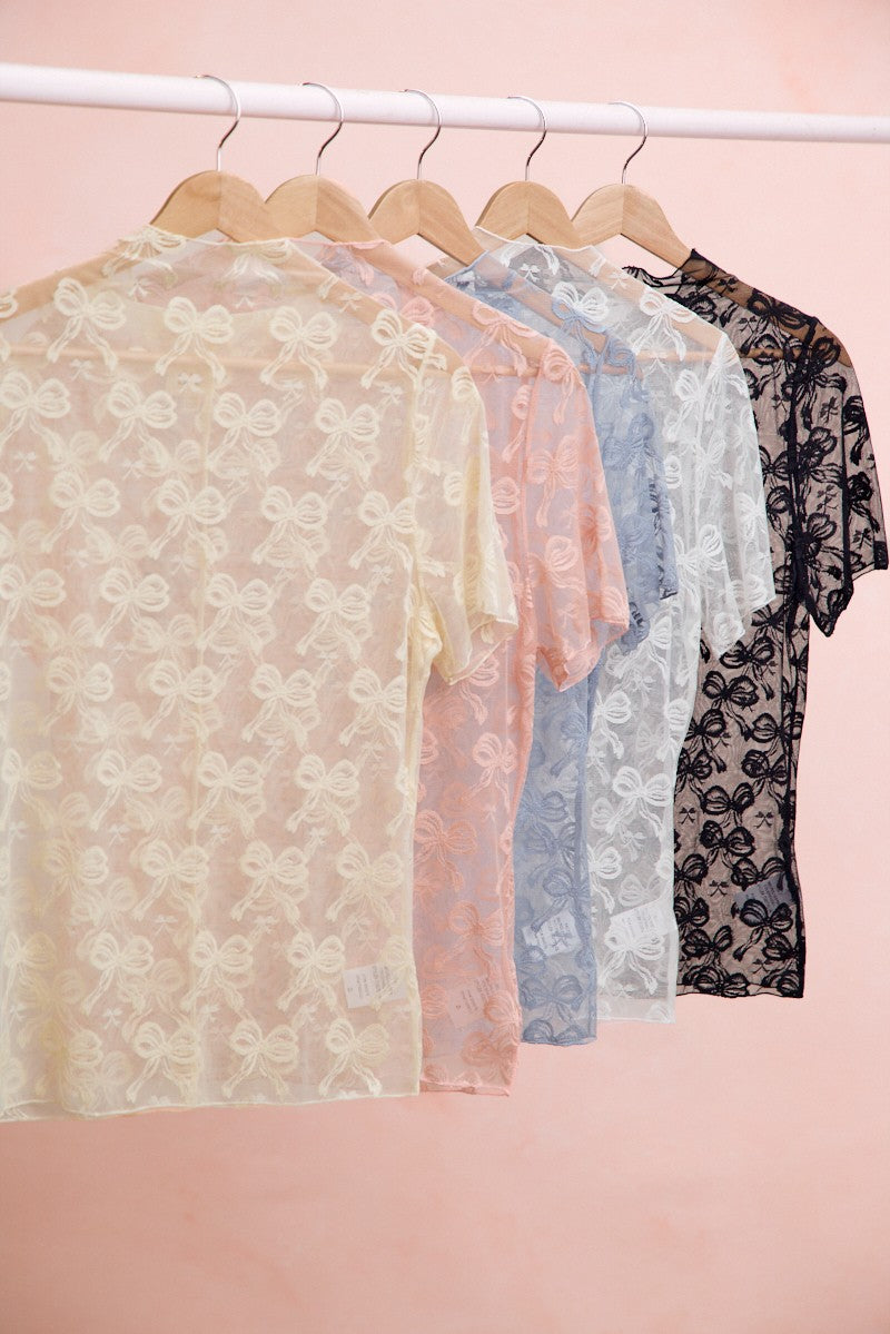 BiBi Black Mesh Top Bow Pattern Mock Neck Short Sleeve Sheer Lace Blouse