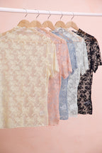 BiBi Mesh Top Ruffle High Neck Rose Bow Pattern Short Sleeves Casual Blouse