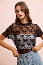 BiBi Black Mesh Top Bow Pattern Mock Neck Short Sleeve Sheer Lace Blouse