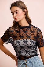 BiBi Black Mesh Top Bow Pattern Mock Neck Short Sleeve Sheer Lace Blouse