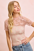BiBi Mesh Top Ruffle High Neck Rose Bow Pattern Short Sleeves Casual Blouse