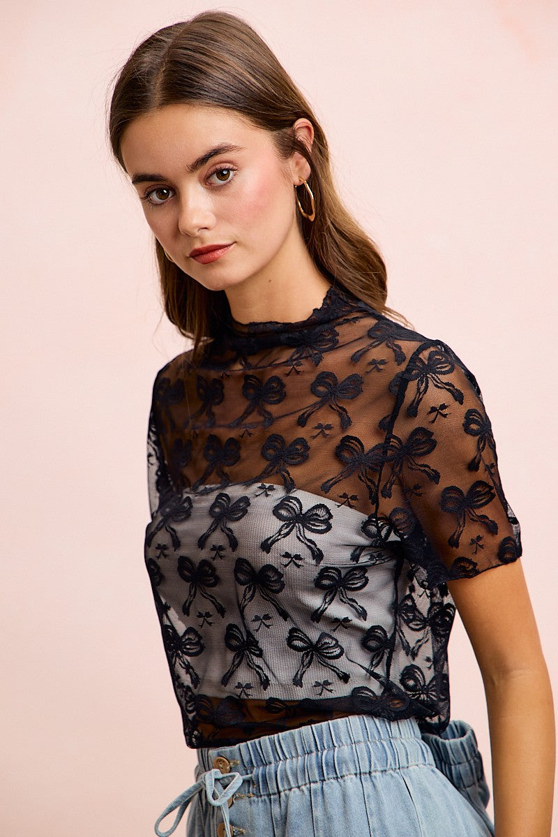 BiBi Black Mesh Top Bow Pattern Mock Neck Short Sleeve Sheer Lace Blouse