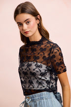 BiBi Black Mesh Top Bow Pattern Mock Neck Short Sleeve Sheer Lace Blouse