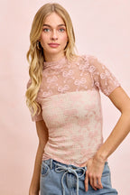 BiBi Mesh Top Ruffle High Neck Rose Bow Pattern Short Sleeves Casual Blouse