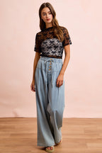 BiBi Black Mesh Top Bow Pattern Mock Neck Short Sleeve Sheer Lace Blouse