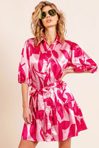 BiBi Satin Dress Shirt Button-up Leaf Fuchsia Collared Ruffle Beleted Short Sleeve