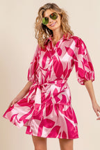 BiBi Satin Dress Shirt Button-up Leaf Fuchsia Collared Ruffle Beleted Short Sleeve