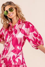 BiBi Satin Dress Shirt Button-up Leaf Fuchsia Collared Ruffle Beleted Short Sleeve