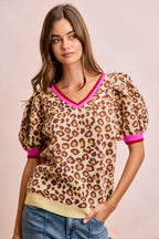 BiBi Leopard Knit Top V-Neck Contrast Pink Trim Puff Sort Sleeve Pullover