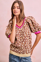 BiBi Leopard Knit Top V-Neck Contrast Pink Trim Puff Sort Sleeve Pullover