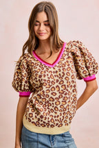 BiBi Leopard Knit Top V-Neck Contrast Pink Trim Puff Sort Sleeve Pullover