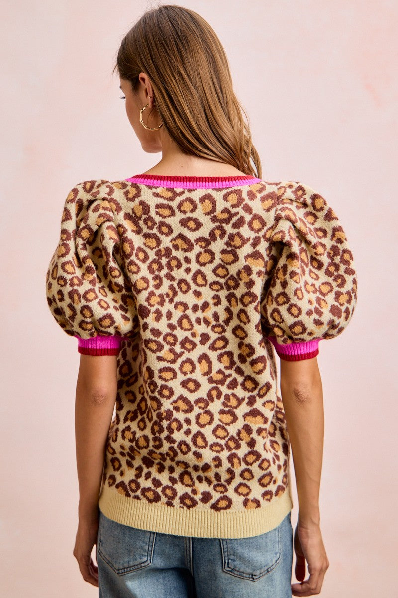 BiBi Leopard Knit Top V-Neck Contrast Pink Trim Puff Sort Sleeve Pullover