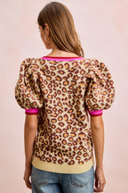 BiBi Leopard Knit Top V-Neck Contrast Pink Trim Puff Sort Sleeve Pullover