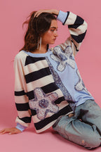 BiBi Oversized Sweatshirt Gestreiftes Blumen-Patch Rundhals Langarm-Pullover