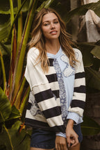 BiBi Oversized Sweatshirt Gestreiftes Blumen-Patch Rundhals Langarm-Pullover