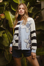 BiBi Oversized Sweatshirt Gestreiftes Blumen-Patch Rundhals Langarm-Pullover