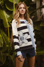 BiBi Oversized Sweatshirt Gestreiftes Blumen-Patch Rundhals Langarm-Pullover