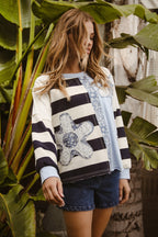 BiBi Oversized Sweatshirt Gestreiftes Blumen-Patch Rundhals Langarm-Pullover