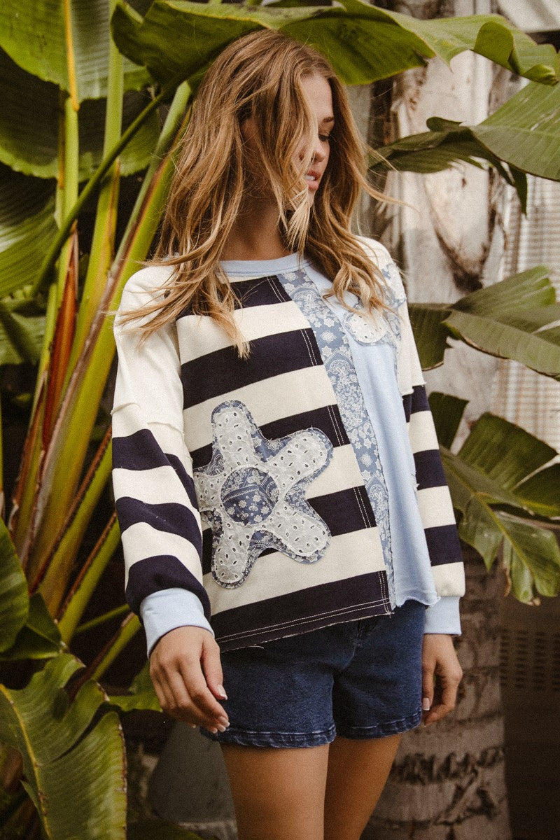 BiBi Oversized Sweatshirt Striped Flower Patch Round Neck Long Sleeve Pullover