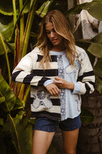 BiBi Oversized Sweatshirt Gestreiftes Blumen-Patch Rundhals Langarm-Pullover