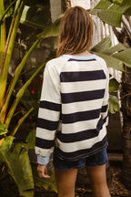 BiBi Oversized Sweatshirt Gestreiftes Blumen-Patch Rundhals Langarm-Pullover