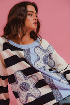 BiBi Oversized Sweatshirt Gestreiftes Blumen-Patch Rundhals Langarm-Pullover
