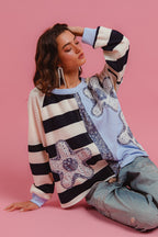 BiBi Oversized Sweatshirt Gestreiftes Blumen-Patch Rundhals Langarm-Pullover