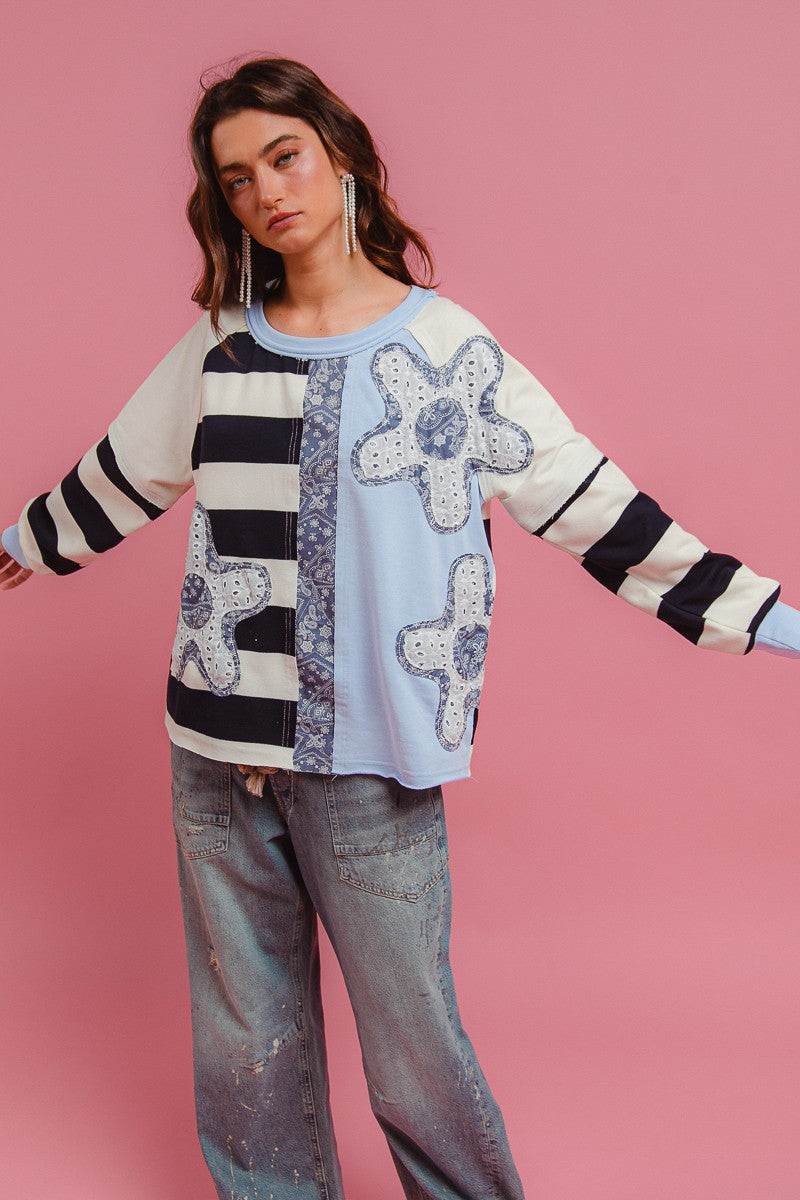 BiBi Oversized Sweatshirt Striped Flower Patch Round Neck Long Sleeve Pullover