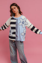 BiBi Oversized Sweatshirt Gestreiftes Blumen-Patch Rundhals Langarm-Pullover