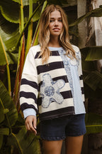 BiBi Oversized Sweatshirt Gestreiftes Blumen-Patch Rundhals Langarm-Pullover
