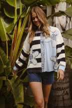 BiBi Oversized Sweatshirt Gestreiftes Blumen-Patch Rundhals Langarm-Pullover