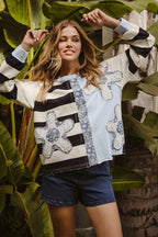 BiBi Oversized Sweatshirt Gestreiftes Blumen-Patch Rundhals Langarm-Pullover