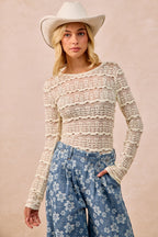 BiBi Casual Blouse Floral Lace Ruffles Stripe Lightweight Long Sleeve Top Cream