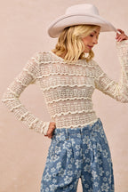 BiBi Casual Blouse Floral Lace Ruffles Stripe Lightweight Long Sleeve Top Cream