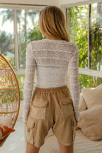 BiBi Lace Blouse Floral Off White Ruffles Flower Long Sleeve Casual Top
