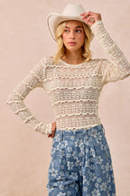 BiBi Casual Blouse Floral Lace Ruffles Stripe Lightweight Long Sleeve Top Cream