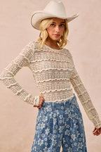 BiBi Casual Blouse Floral Lace Ruffles Stripe Lightweight Long Sleeve Top Cream