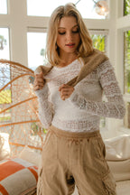 BiBi Lace Blouse Floral Off White Ruffles Flower Long Sleeve Casual Top