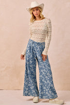 BiBi Casual Blouse Floral Lace Ruffles Stripe Lightweight Long Sleeve Top Cream