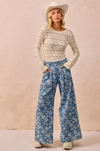 BiBi Casual Blouse Floral Lace Ruffles Stripe Lightweight Long Sleeve Top Cream