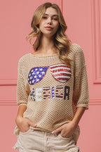 BiBi Sequin Top Open‑Knit American Flag Sunglasses Lightweight Short Sleeve